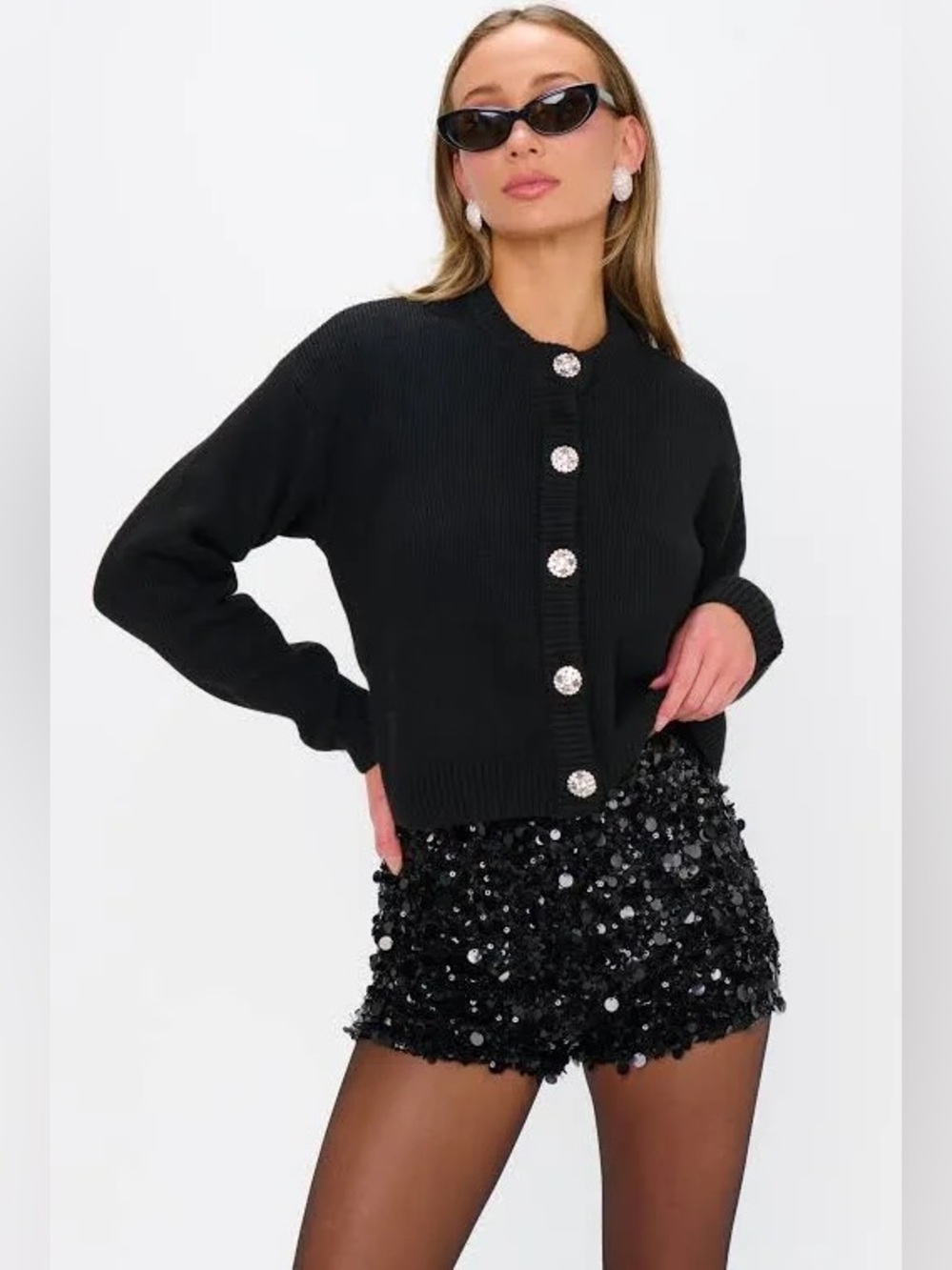 SHOW ME YOUR MUMU Rhinestone Button Black Knit Maggie Cardigan Sweater XS NWT - Picture 3 of 6